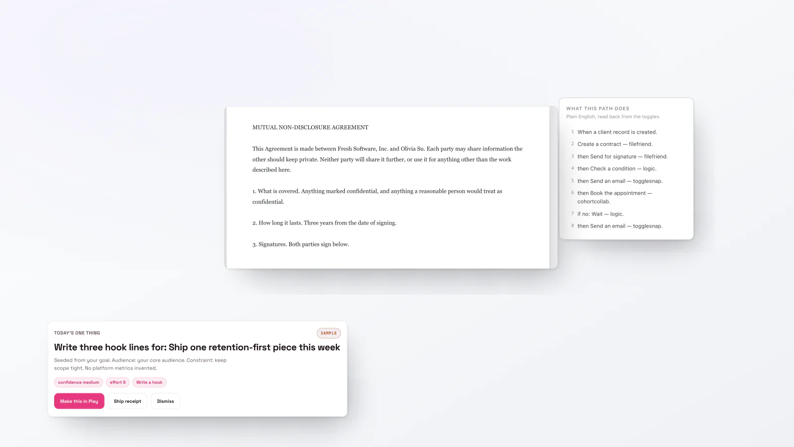 Three real manymoats product objects mid-task: lathe's board after it turned a typed goal into today's one move, filefriend holding a real non-disclosure agreement as a signable document, and togglesnap reading an eight-step path back in plain English.